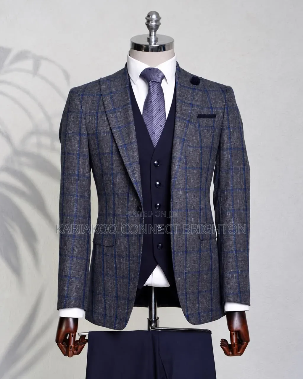 Grey & Blue Windowpane Checked 3-Piece Suit