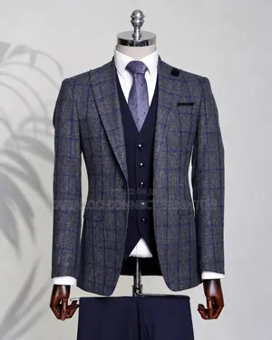 Grey & Blue Windowpane Checked 3-Piece Suit