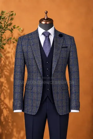 Grey & Blue Windowpane Checked 3-Piece Suit
