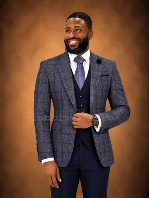 Grey & Blue Windowpane Checked 3-Piece Suit
