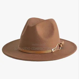 Classic Tan Brown Felt Fedora Hat With Leather Band and Buckle Detail