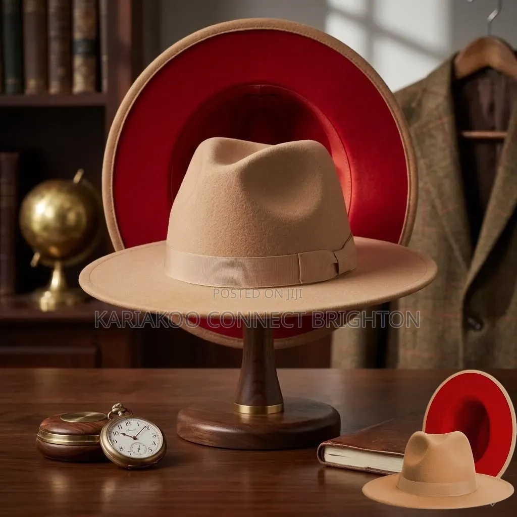 Classic Tan Brown Felt Fedora Hat With Leather Band and Buckle Detail