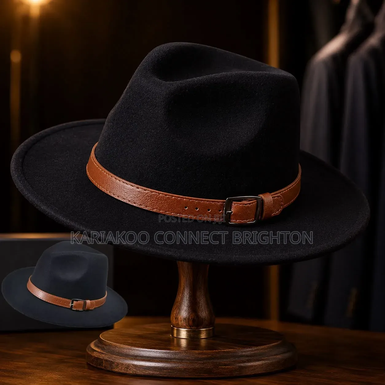 Classic Tan Brown Felt Fedora Hat With Leather Band and Buckle Detail