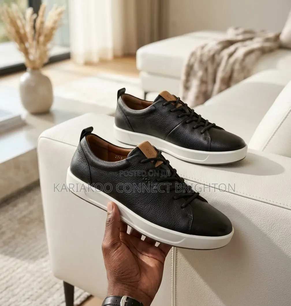 Men's Ecco Premium Black Grained Lace-Up Sneakers With White Sole