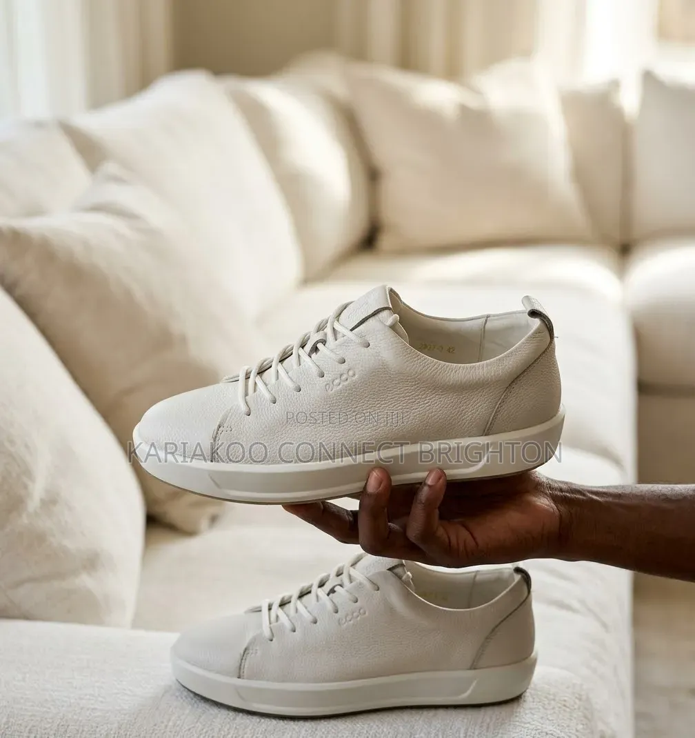 Men's Ecco Premium Black Grained Lace-Up Sneakers With White Sole