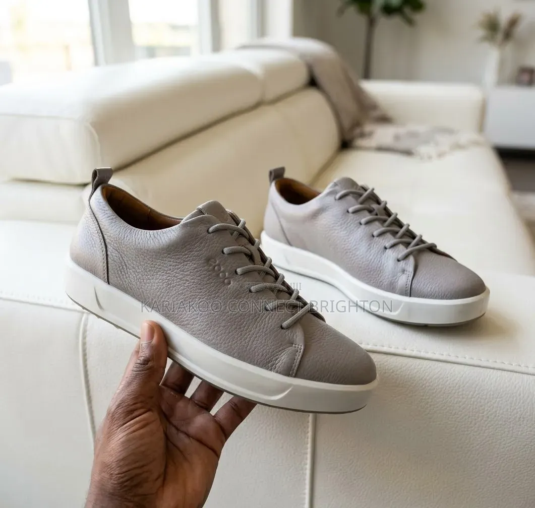Men's Ecco Premium Black Grained Lace-Up Sneakers With White Sole