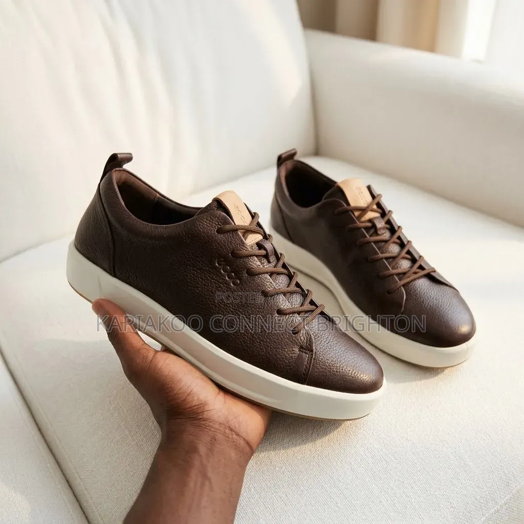 Men's Ecco Premium Black Grained Lace-Up Sneakers With White Sole