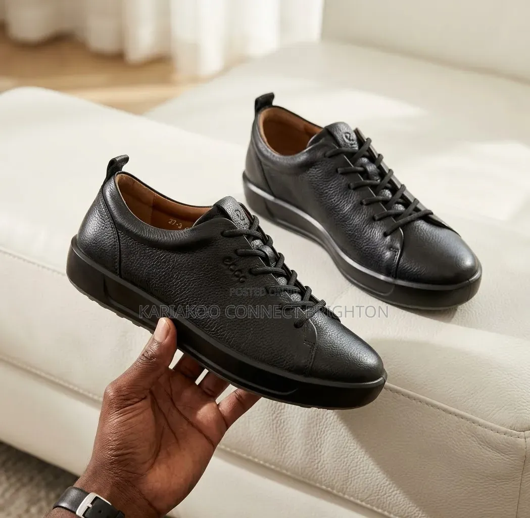 Men's Ecco Premium Black Grained Lace-Up Sneakers With White Sole