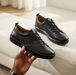Men's Ecco Premium Black Grained Lace-Up Sneakers With White Sole