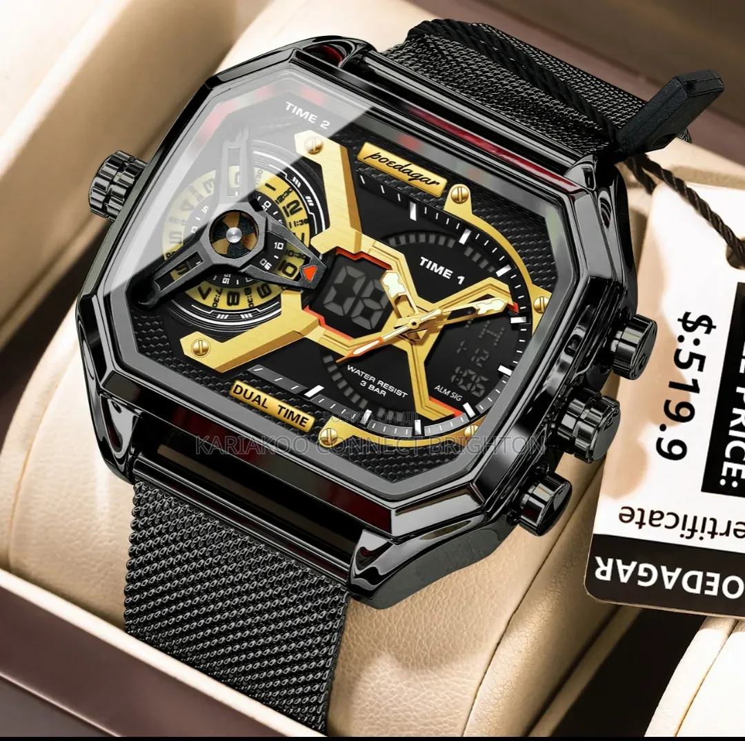 ​men's Sport Luxury Black & Gold Dual Time Analog-Digital Quartz