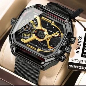 ​men's Sport Luxury Black & Gold Dual Time Analog-Digital Quartz