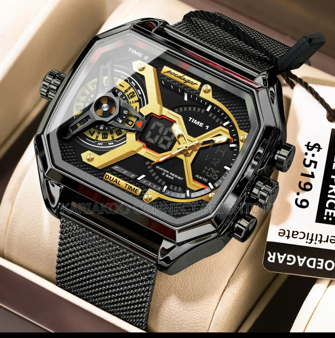 ​men's Sport Luxury Black & Gold Dual Time Analog-Digital Quartz
