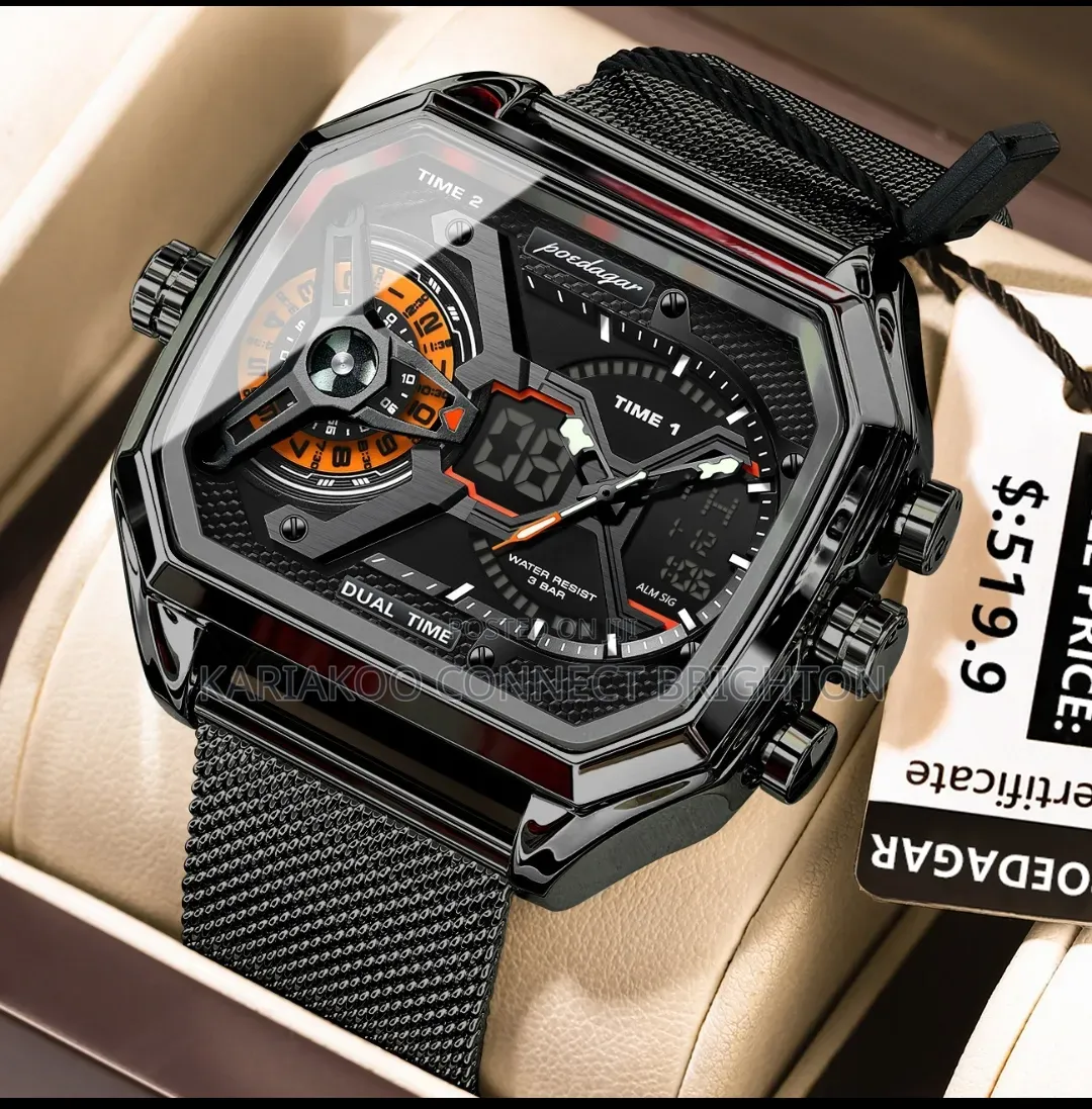 ​men's Sport Luxury Black & Gold Dual Time Analog-Digital Quartz