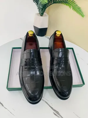 Gucci Croc-Embossed Leather Loafers: Black & Coffee