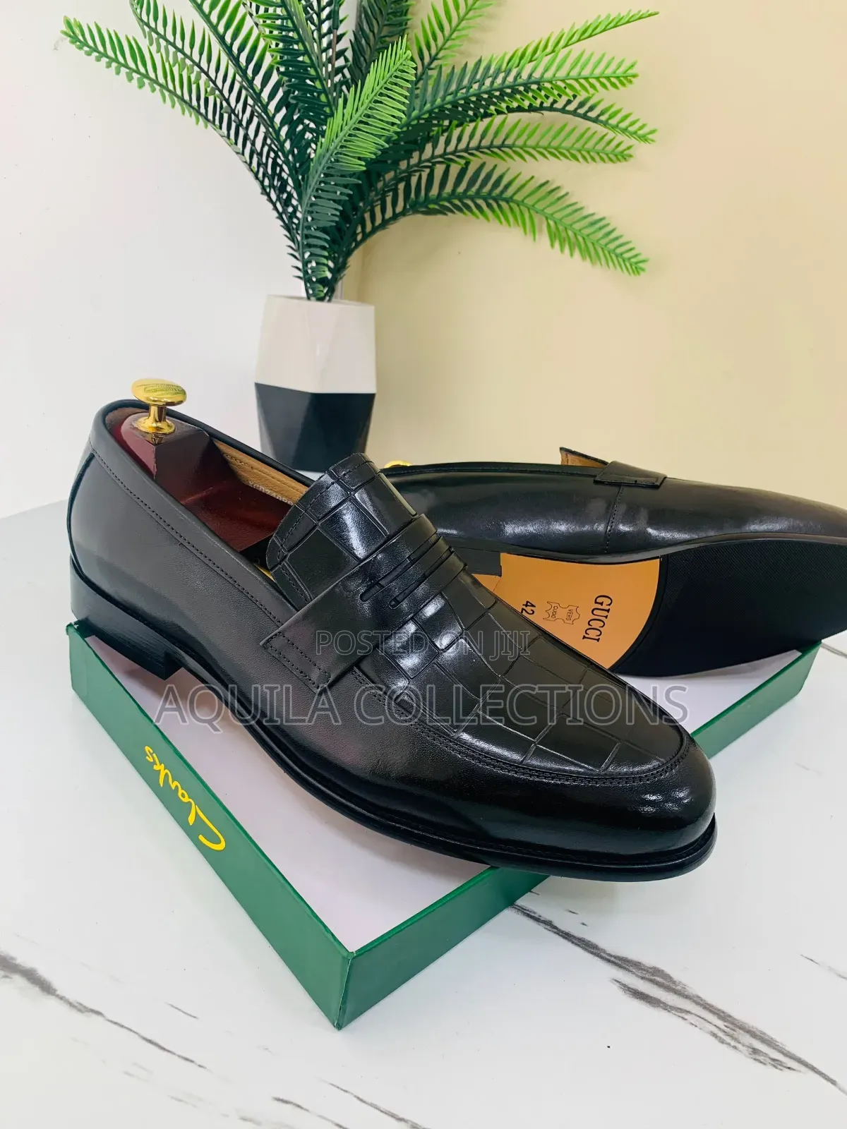 Gucci Croc-Embossed Leather Loafers: Black & Coffee