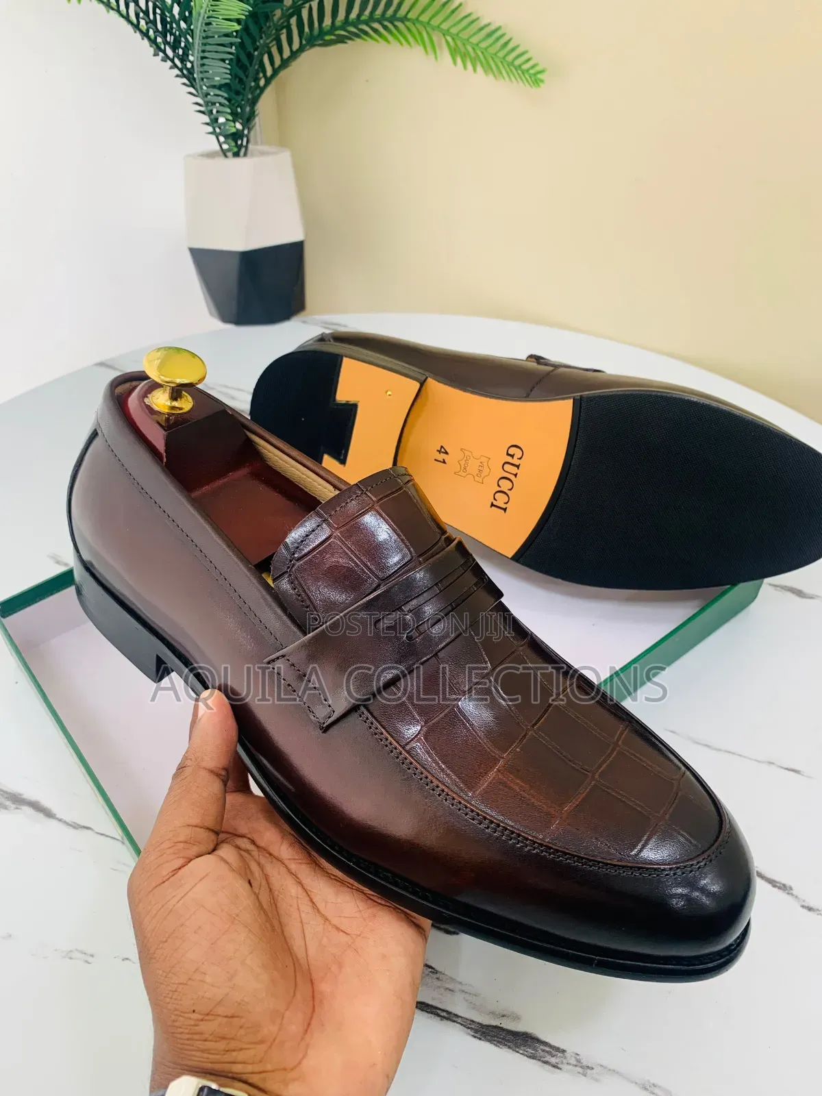 Gucci Croc-Embossed Leather Loafers: Black & Coffee