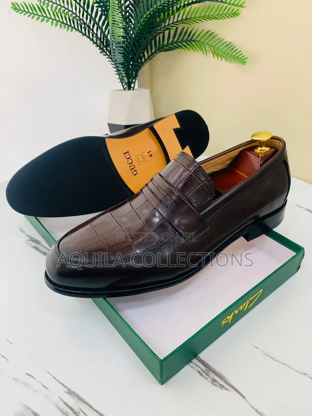 Gucci Croc-Embossed Leather Loafers: Black & Coffee