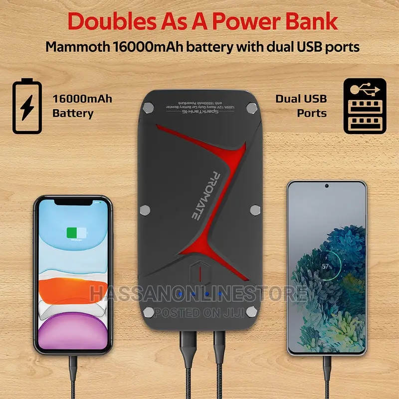 Promate 1200a/12v Heavy Duty Battery Booster With 16000mah