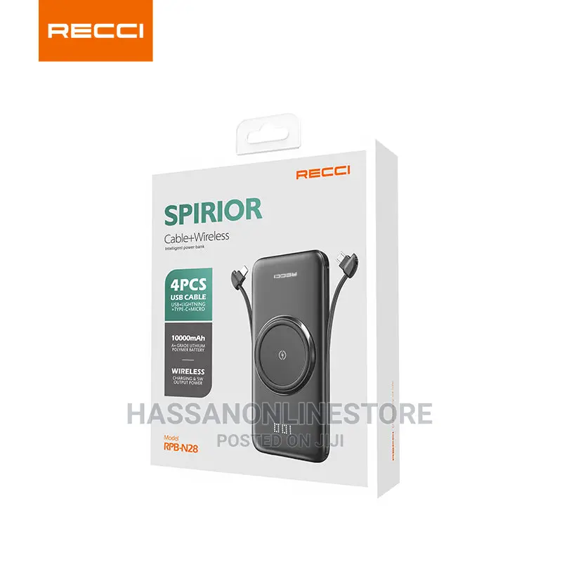Recci RPB-N28 Spirior Cable+Wireless Power Bank 10000 Mah