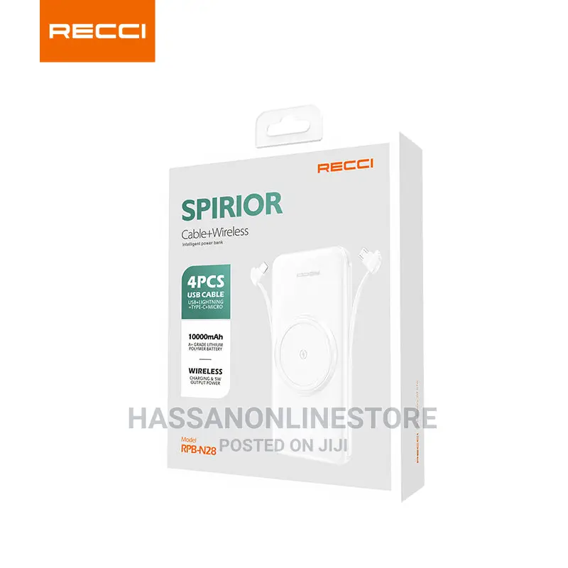 Recci RPB-N28 Spirior Cable+Wireless Power Bank 10000 Mah