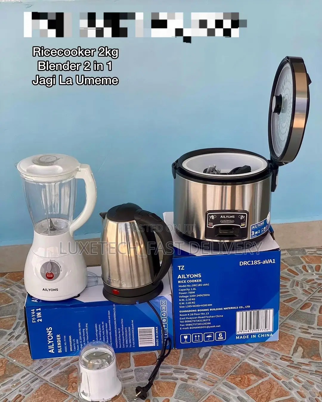 Full Set Electric Kettle+Rice Cooker 2kg+Blender 1.5L