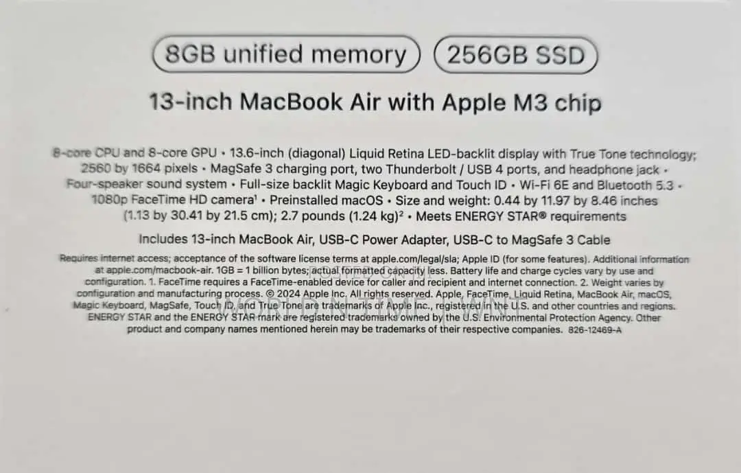 New Laptop Apple MacBook Air 2024 M3 13-Inch 8GB SSD 256GB