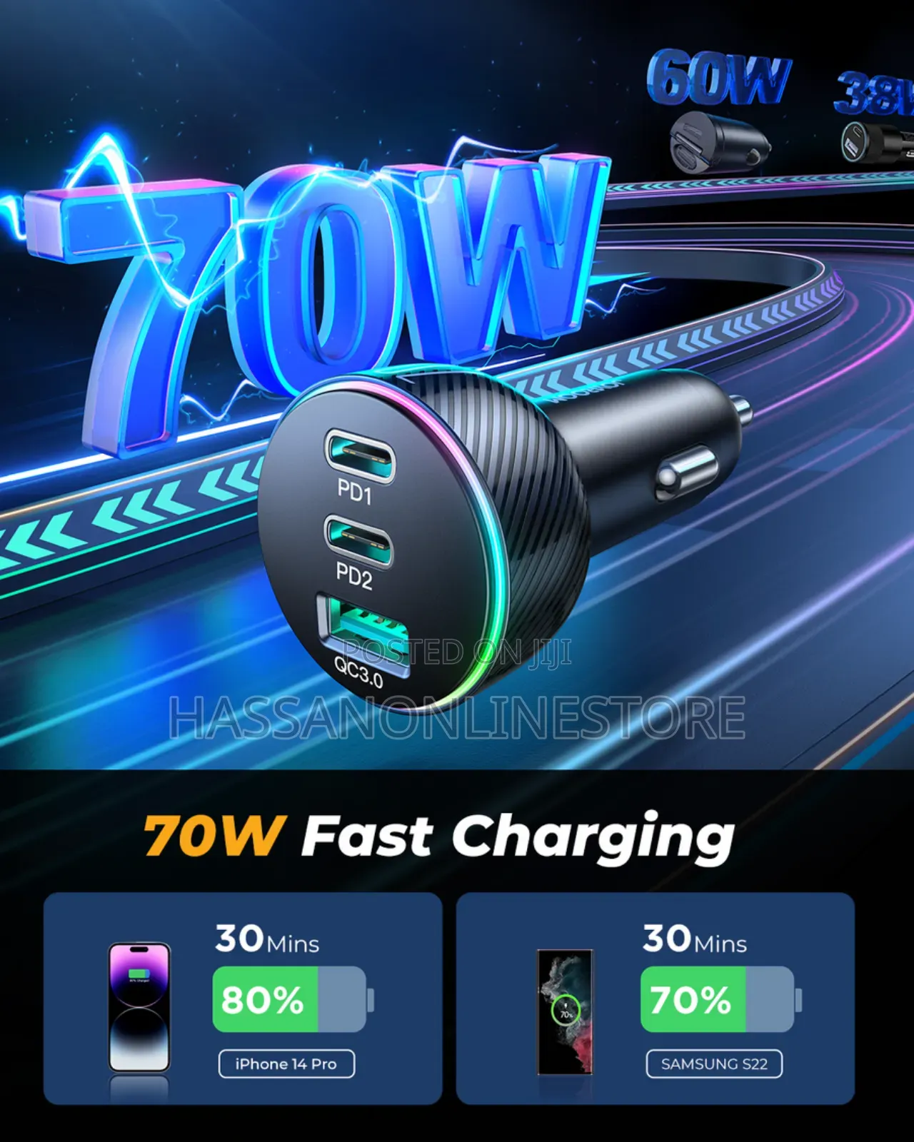 Joyroom JR-CL26 70W 3-port (2PD+1USB) Car Charger