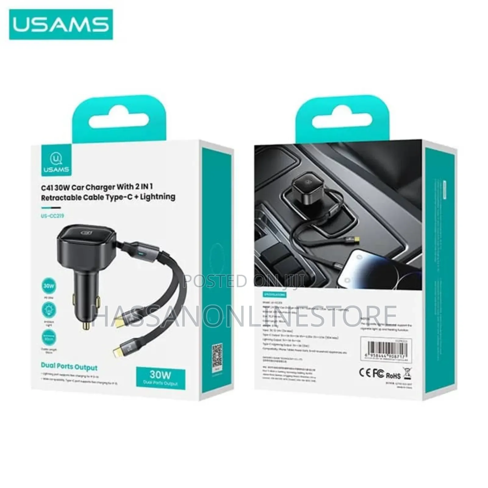 Usams CC219 Car Charger 30w With 2in1 Retractable Cable