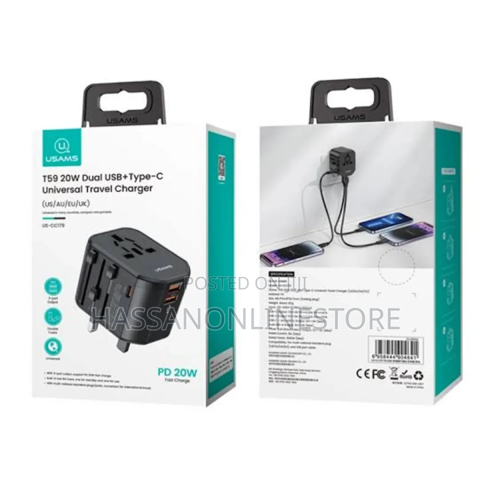 Usams CC179 Universal Travel Adapter 20w 2xusba + USBC 20wpd