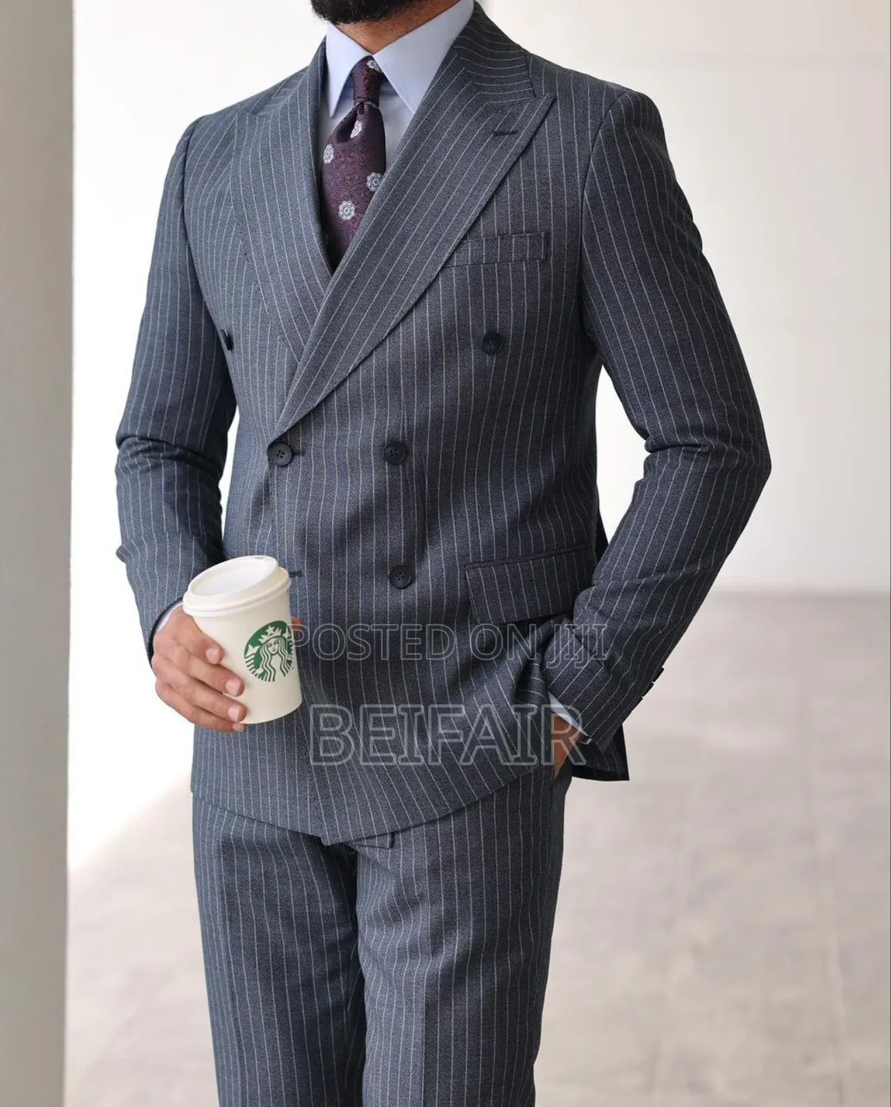 Six Buttons Grey Strips Suits | Suti Za Kiume
