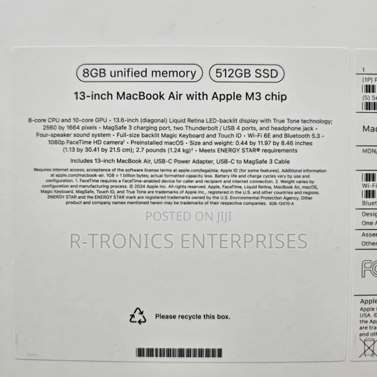 New Laptop Apple MacBook Air 2024 M3 13-inch 8GB Apple M3 SSD 512GB