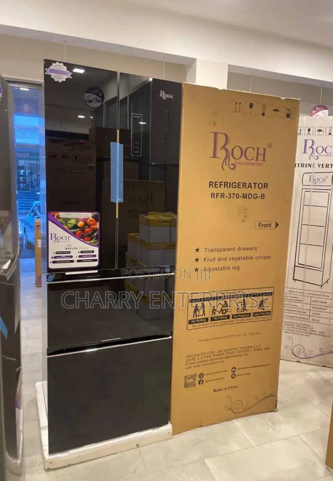 Roch No Frost Fridge RFR-370-MDG-B 298 Liter With Black Glass