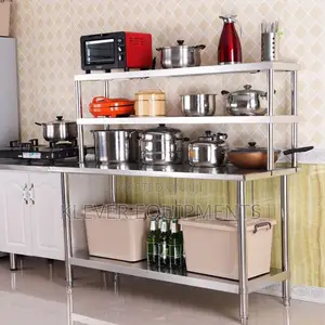 Stainless Steel Table With Overhead Shelves