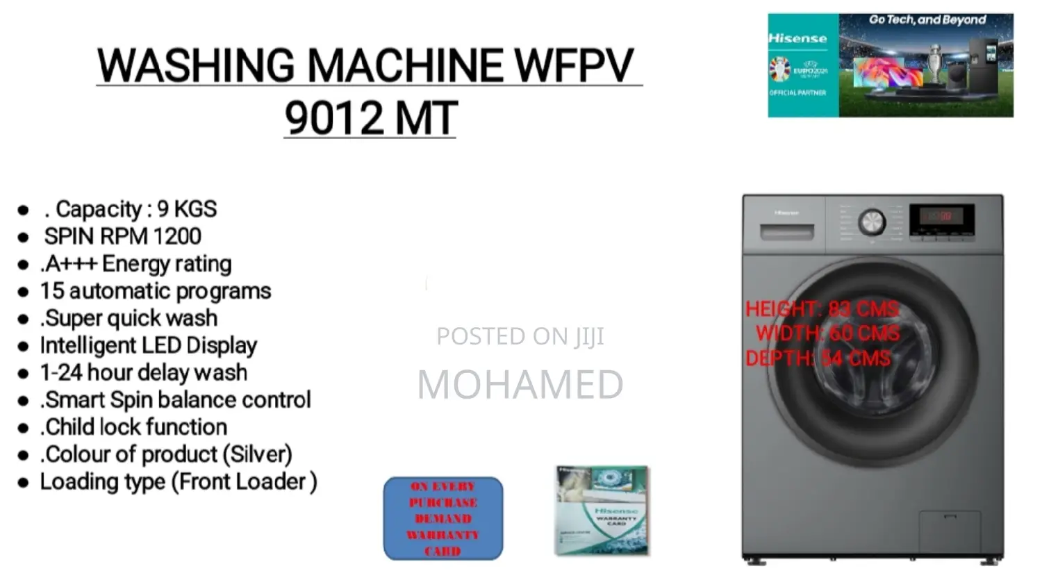 Hisense Washing Machine 9kgs Model WFPV 9012mt