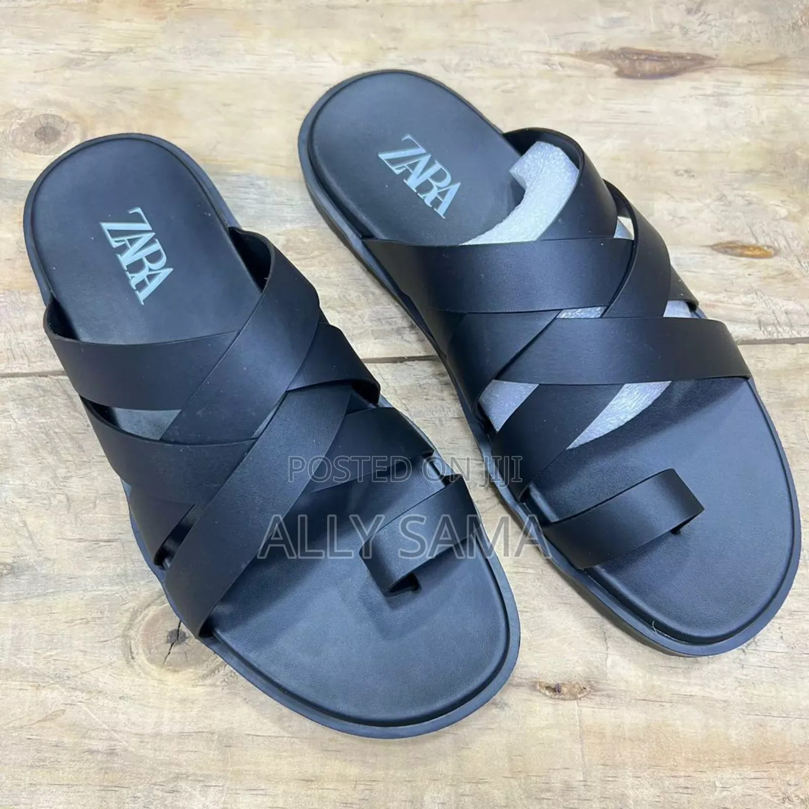 Mens Sandals Black Material Leather Sole Rubber Original