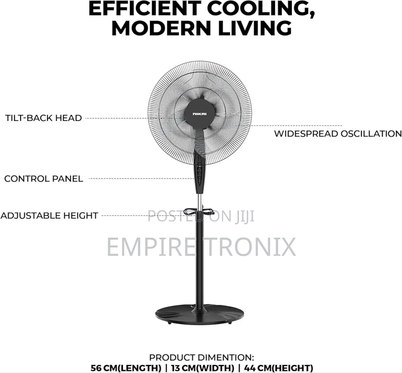 Nikai Stand Fan 16" 3 Speed 45 W Plastic Blade