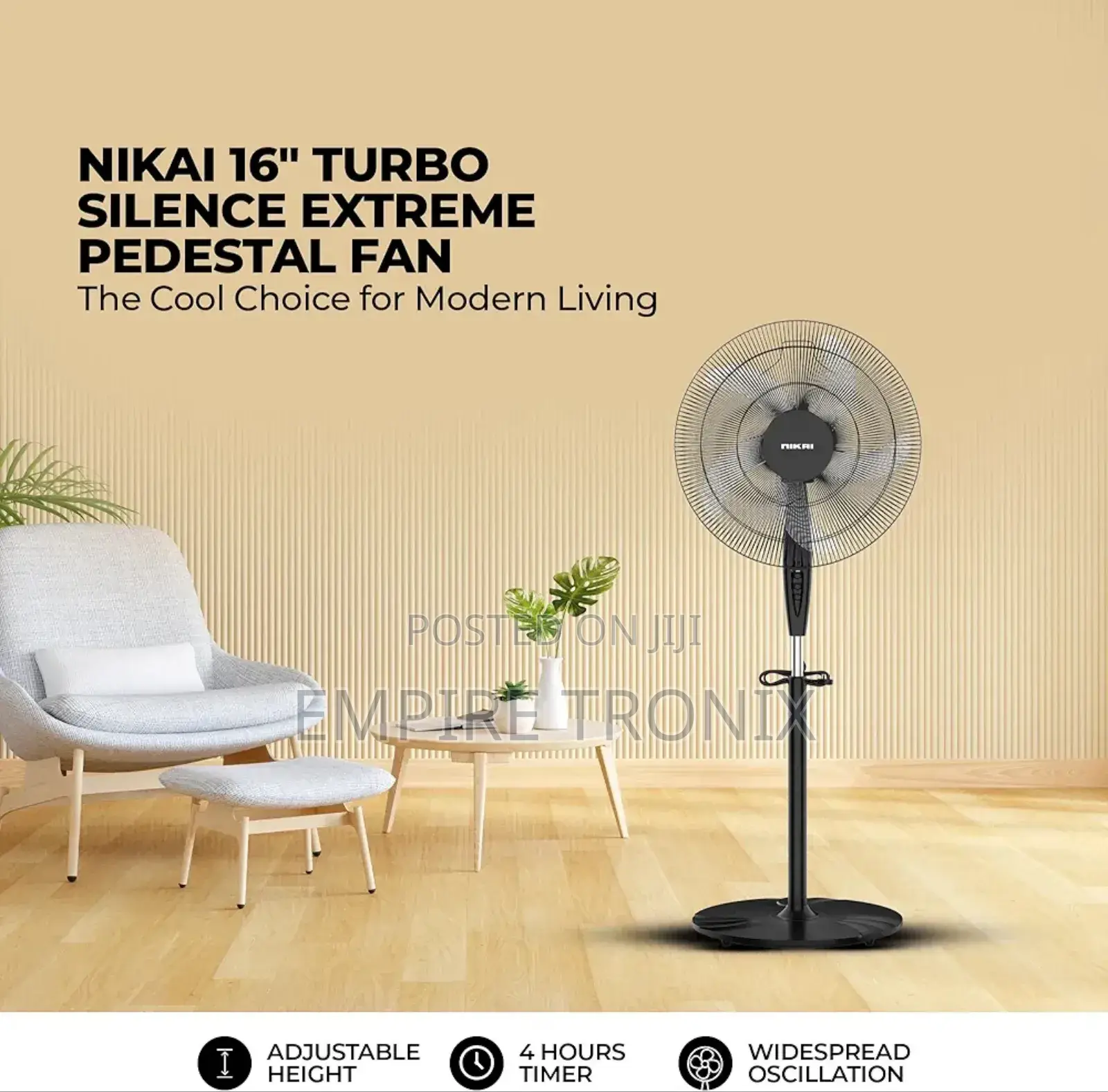 Nikai Stand Fan 16" 3 Speed 45 W Plastic Blade