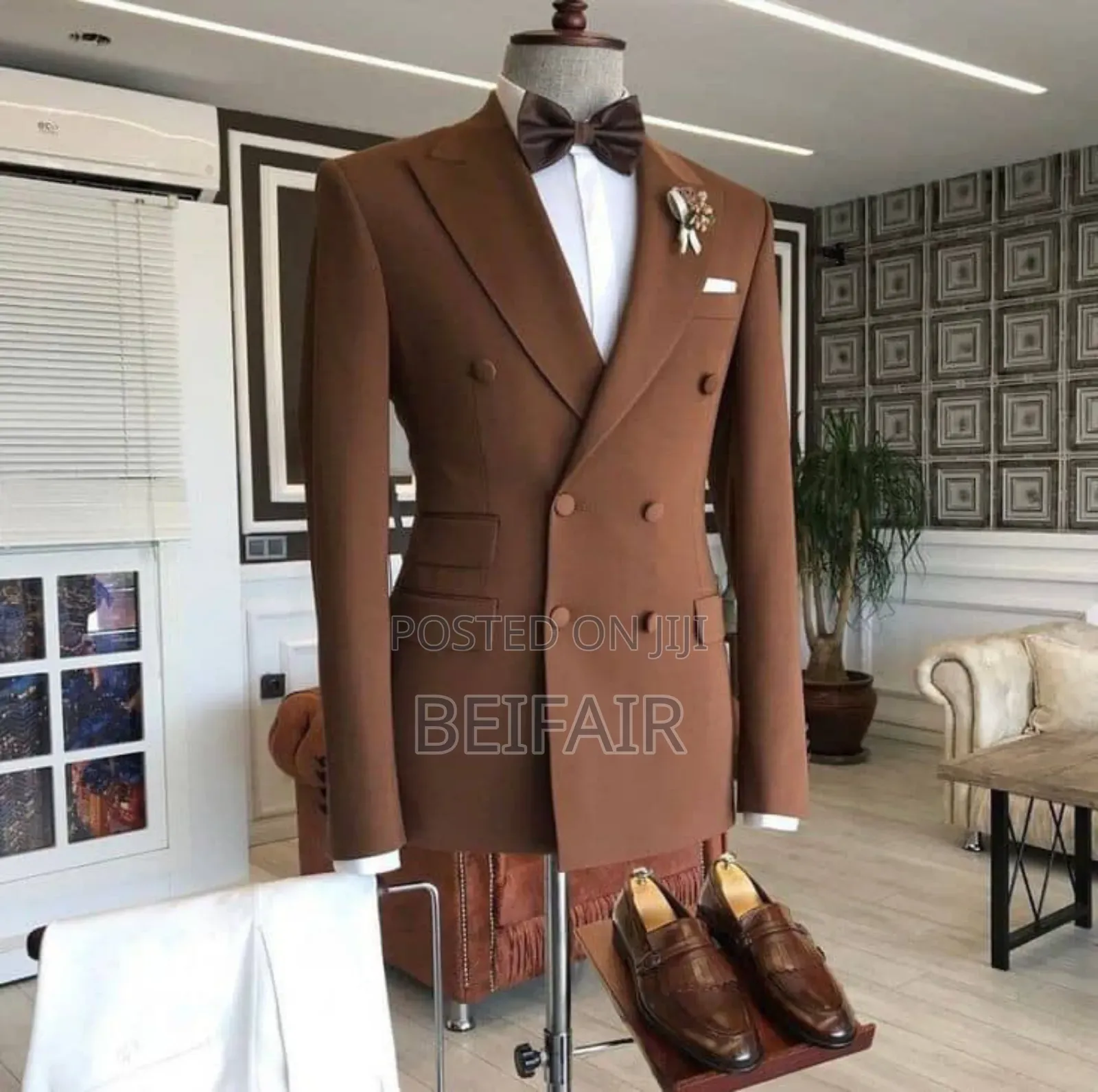 Brown and White | Double Breasted Men Suit | Suti Za Kiume