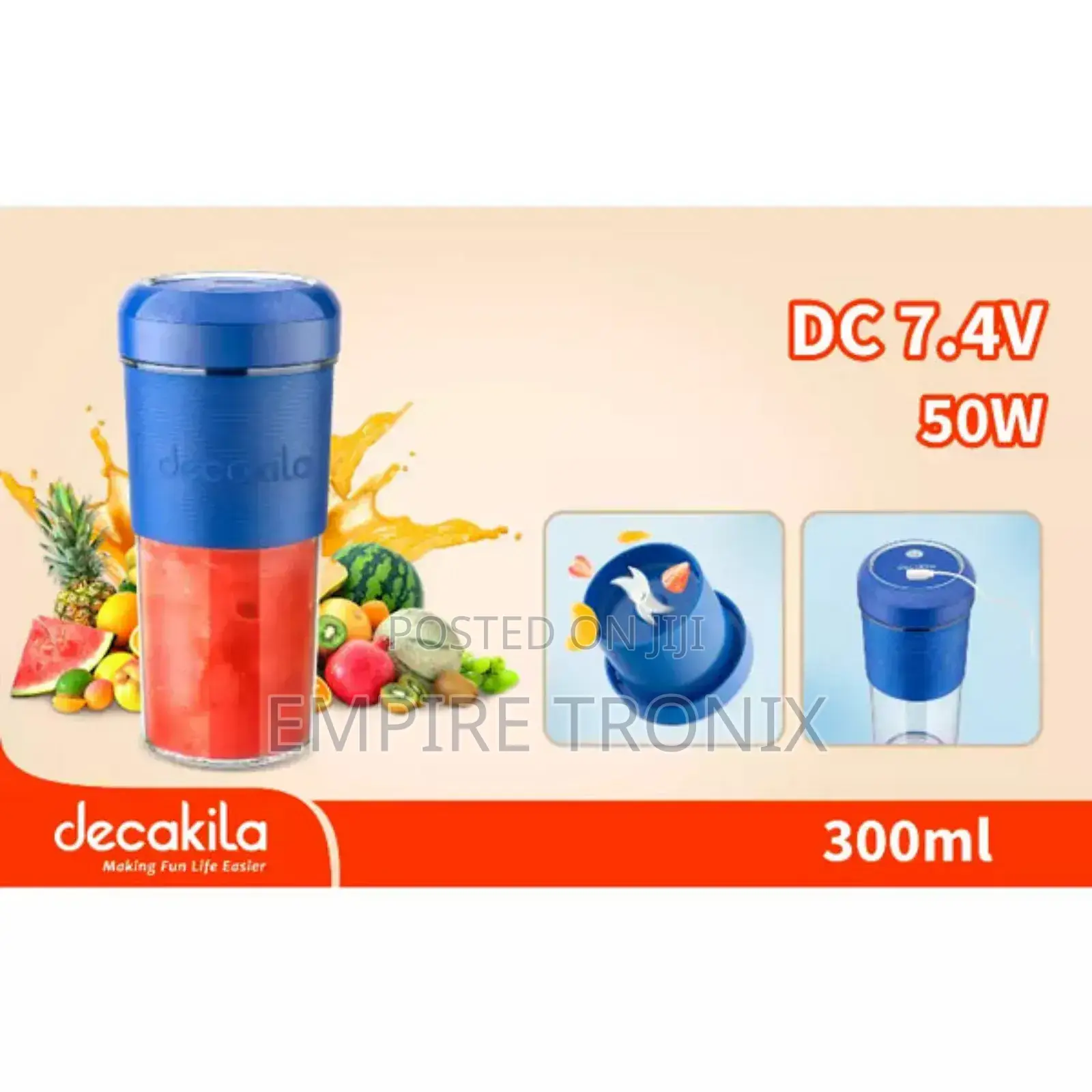 Decakila Portable Blender 50W 7.4V Cordless 300ml KMJB012L
