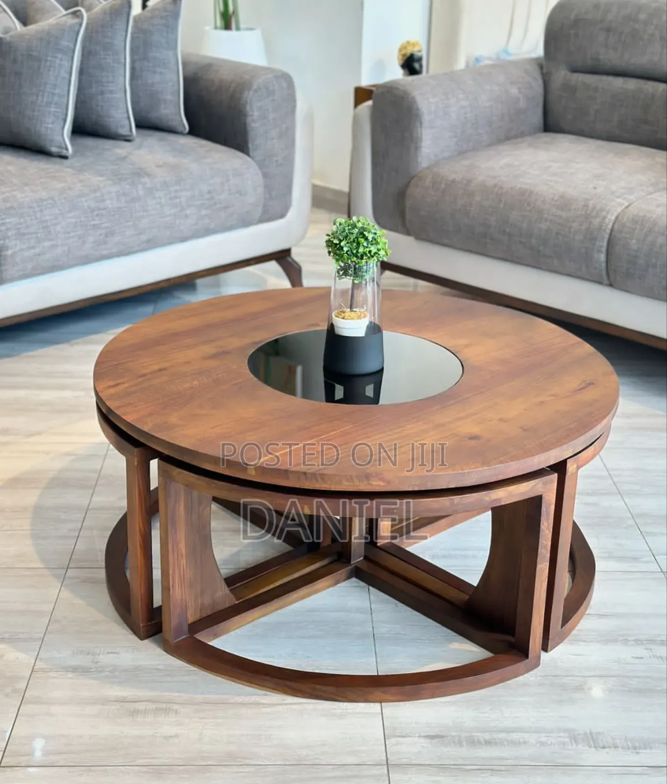 Coffee Table Ya Round Mbao Ngumu Rangi Brown