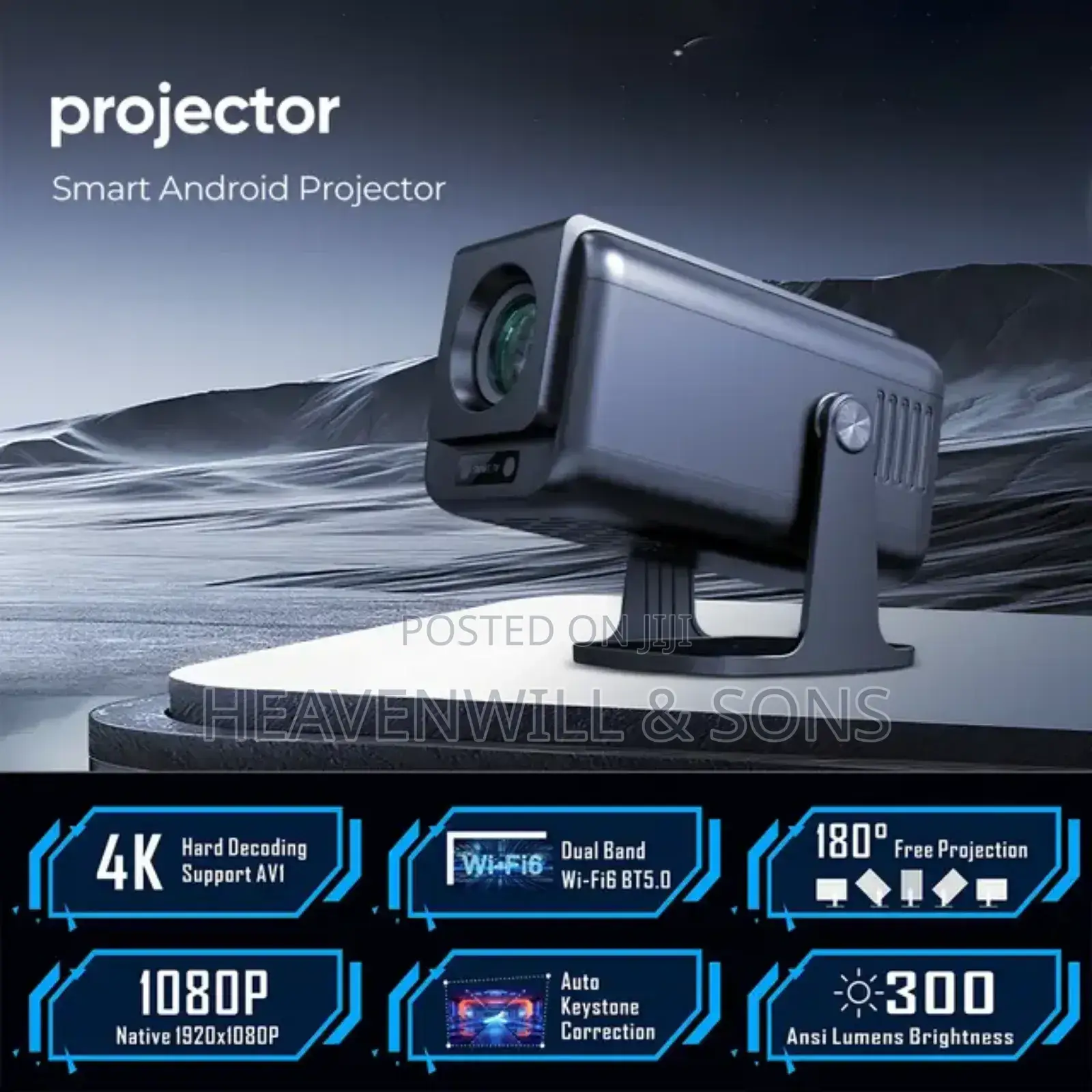 Outdoor Smart Android 13 Projector 300 Ansi Wi-Fi Bluetooth