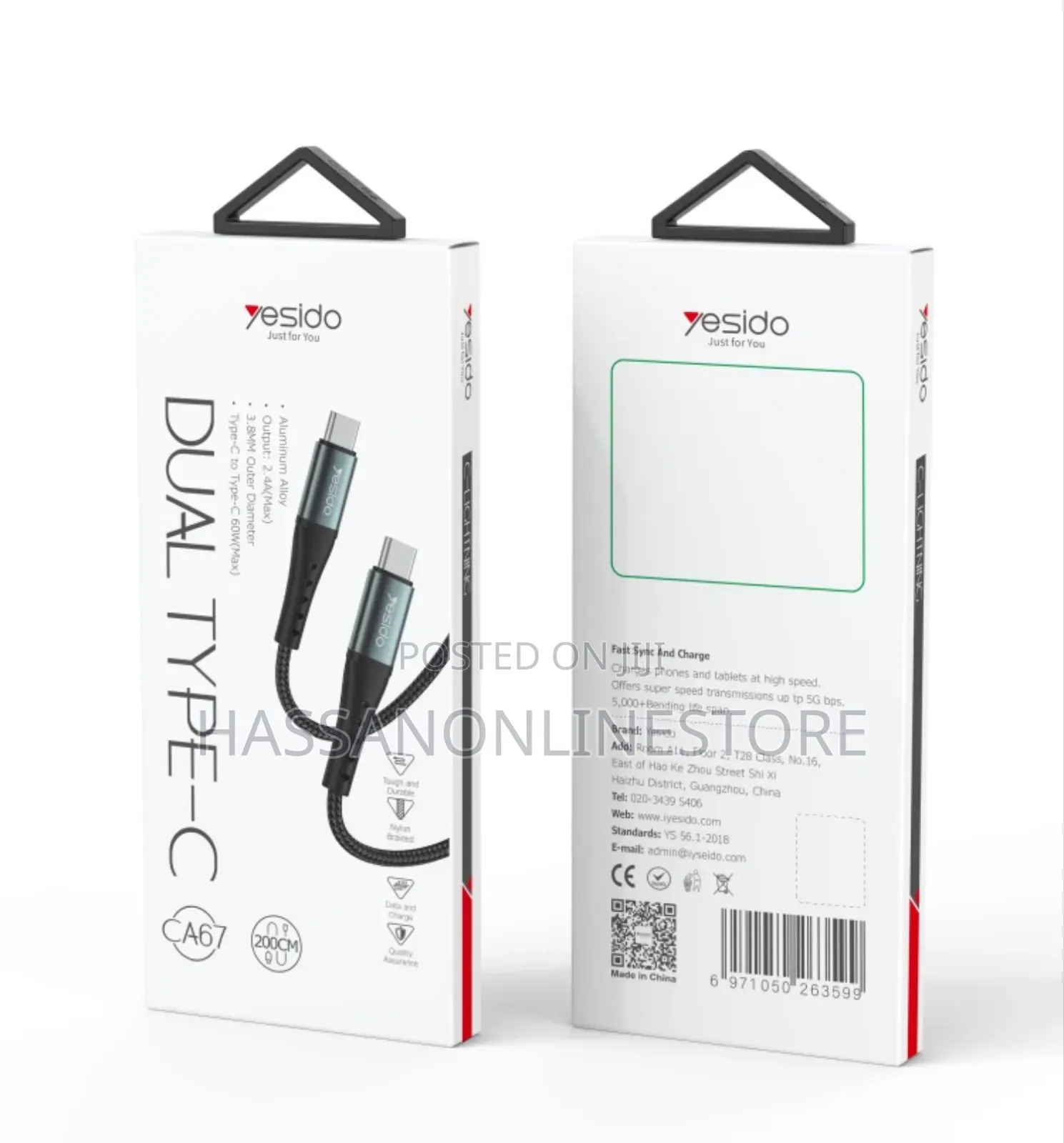 Yesido CA67 2meter PD 60W Fast Charging Type-C to Type-C