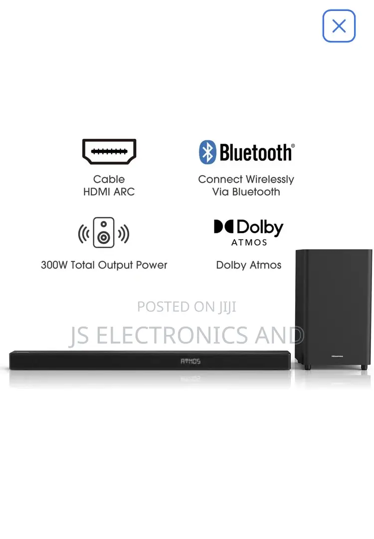 Hisense Soundbar 3.1 CH 300W With Bluetooth, and Wireless 
