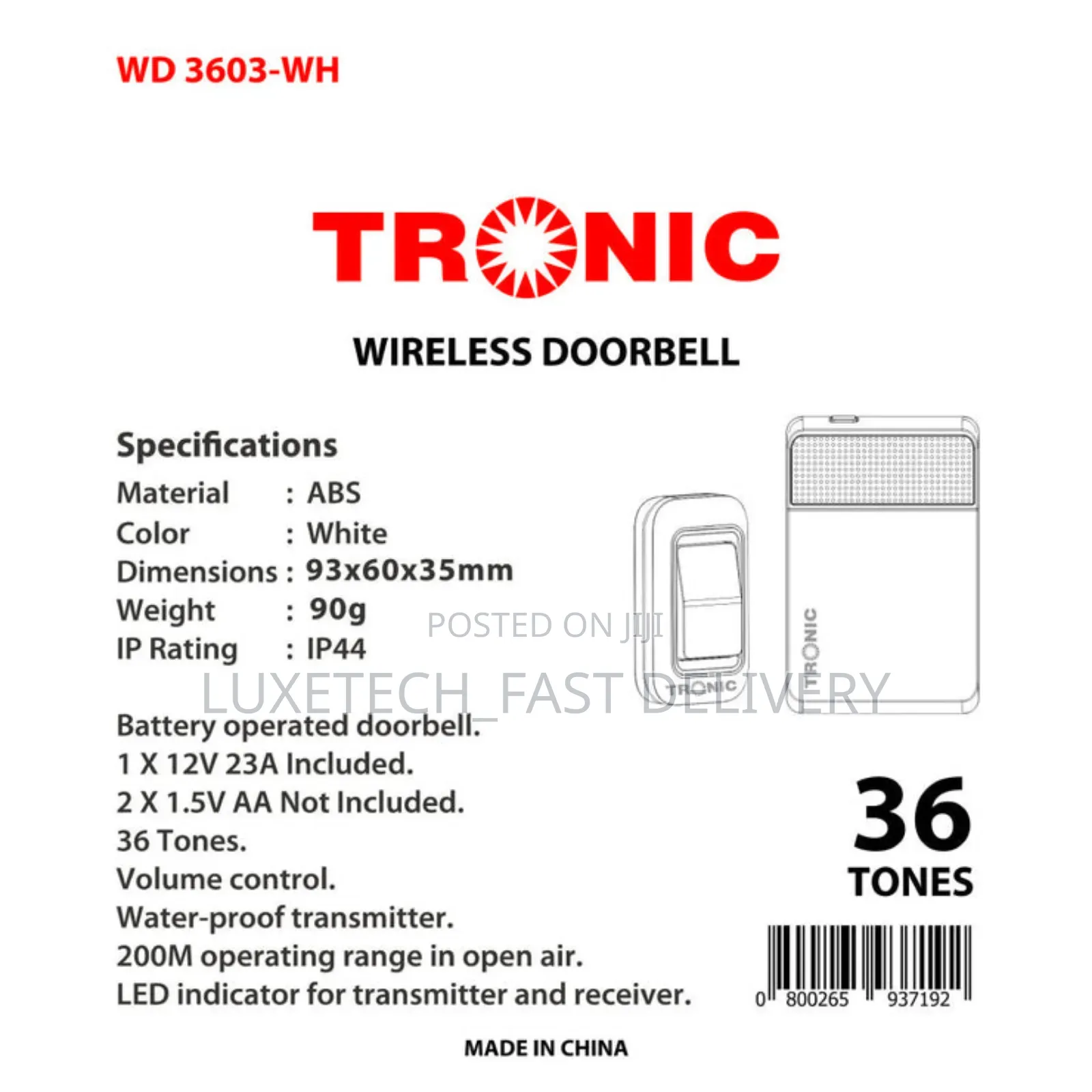 TRONIC Wireless Doorbell WD 3603-Wh White