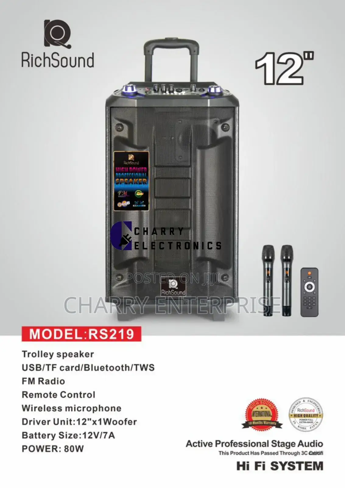 RICHSOUND Trolley Rechargeable Speaker 12"With 2wireless Mic