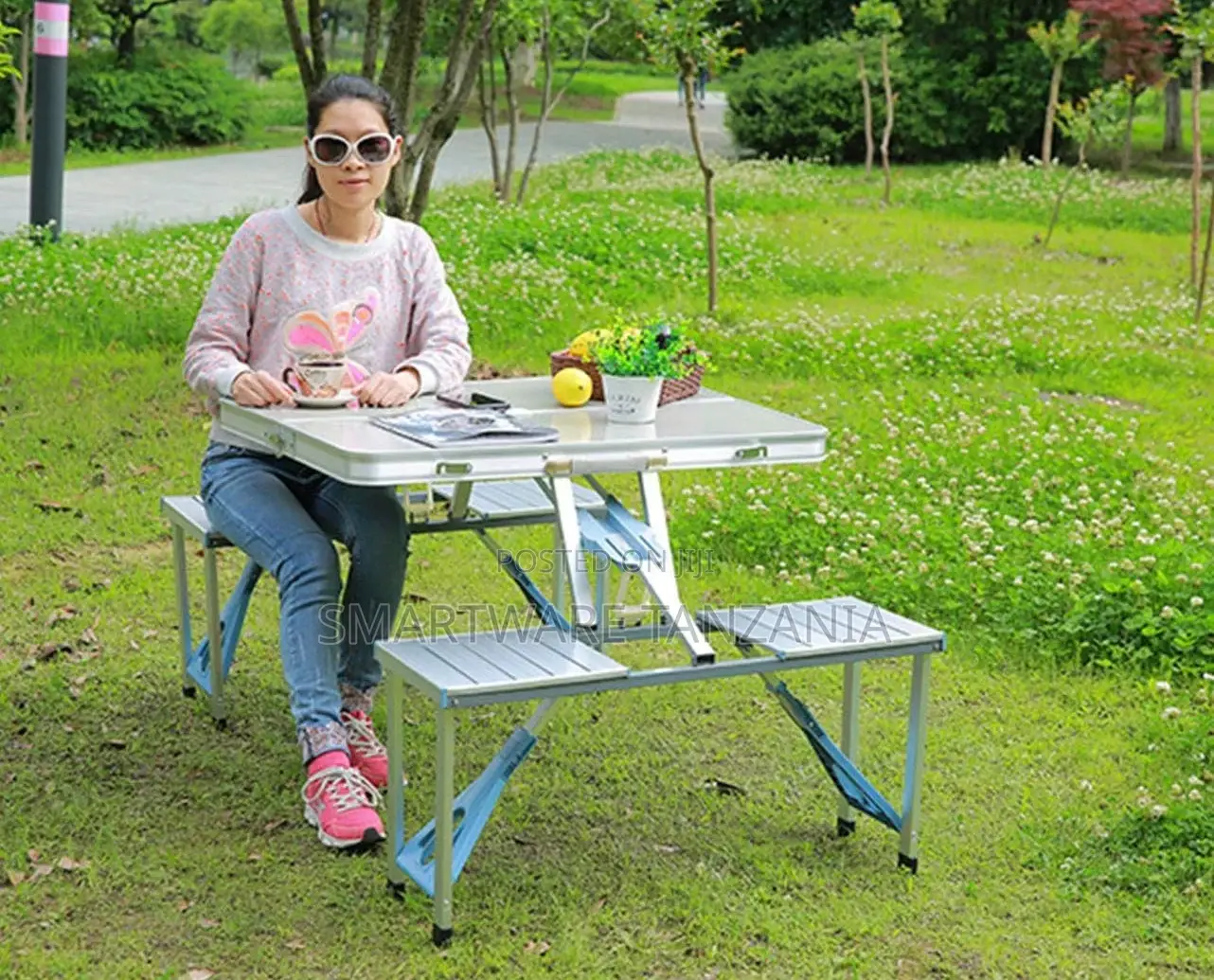 Outdoor Folding Aluminum Picnic Table 4 Seats Chairs Camping