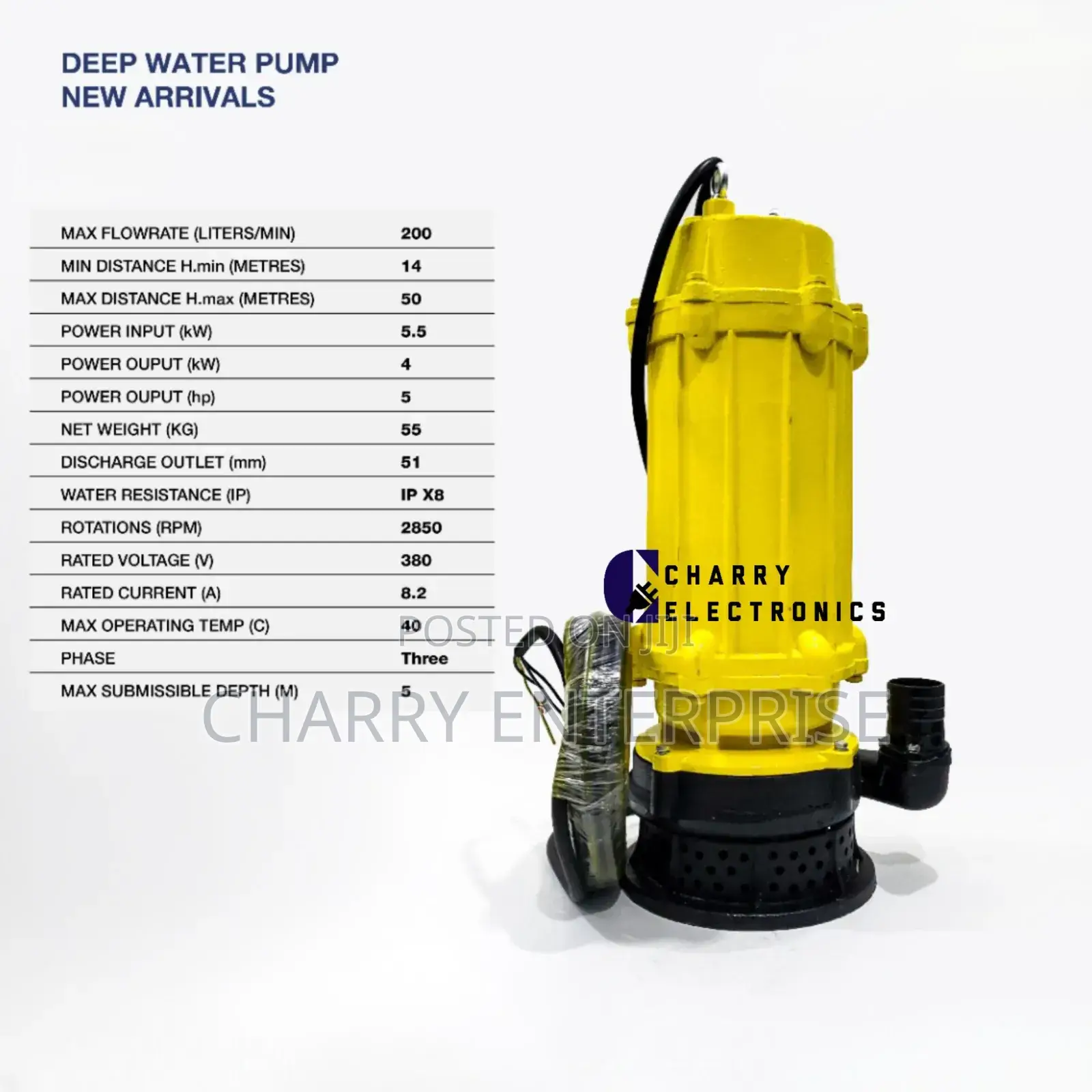 Mr UK Deep Pump/ Sewage Pump INPUT 5.5 KW
5 Hp THREE PHASE
