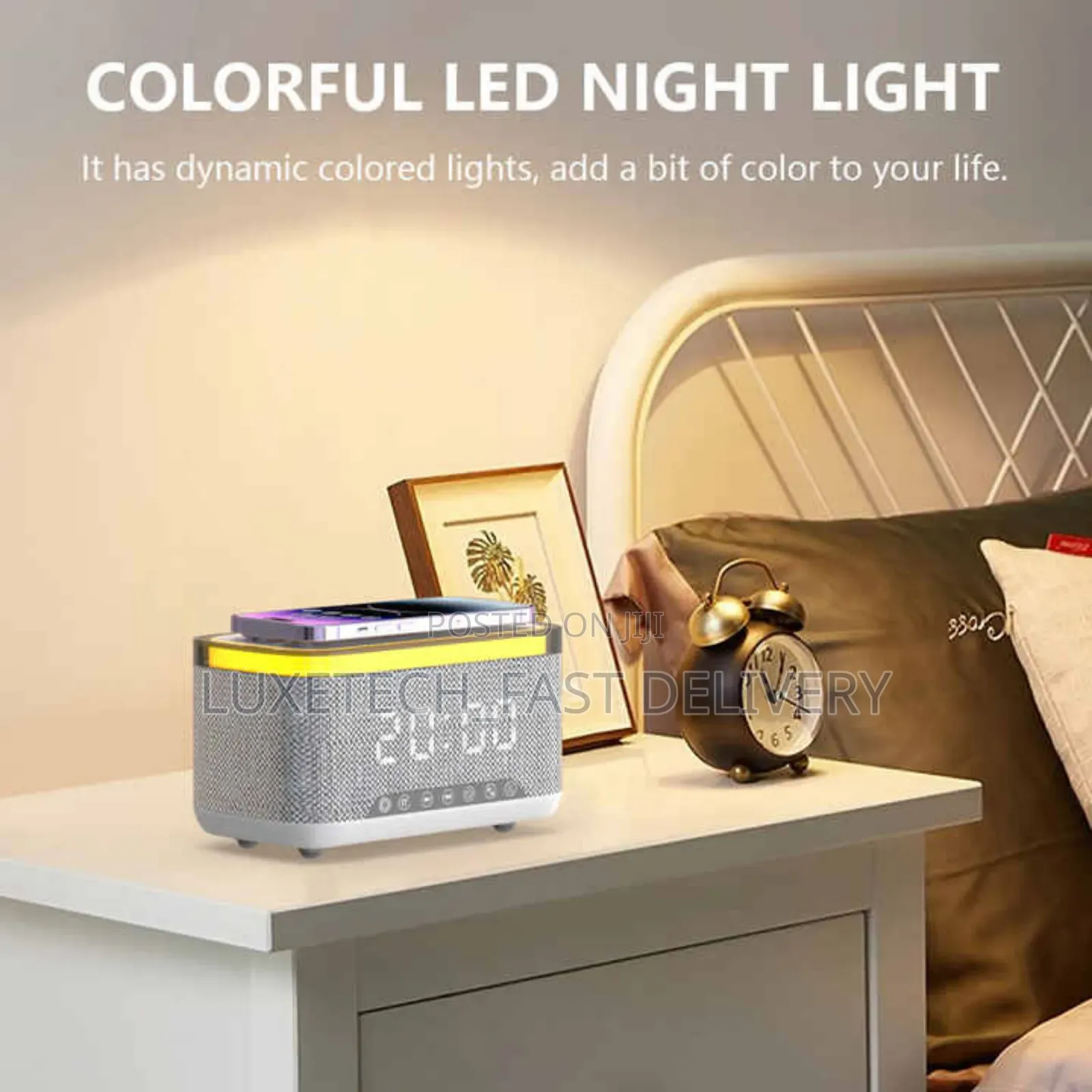 Digital Bluetooth Speaker With Wireless Charger,Alarm,Lights
