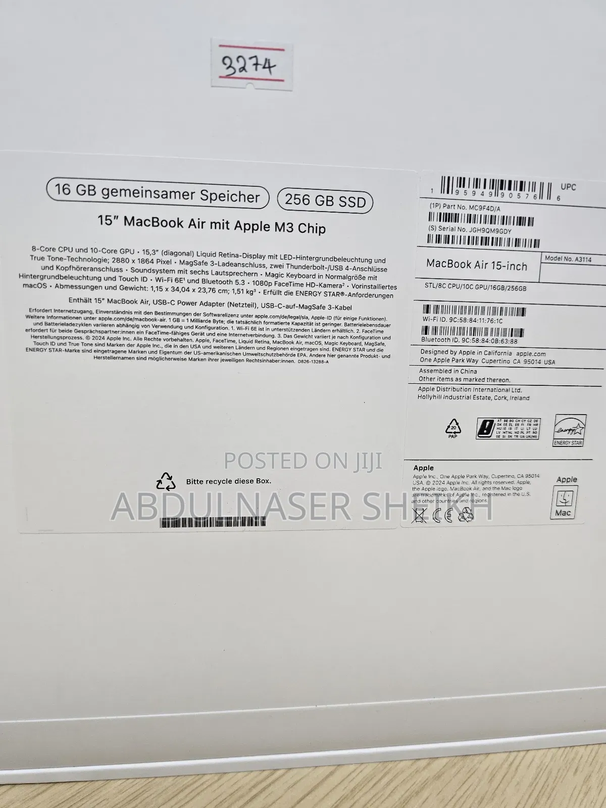 New Laptop Apple MacBook Air 2024 M3 15-Inch 16GB Apple M3 SSD 256GB