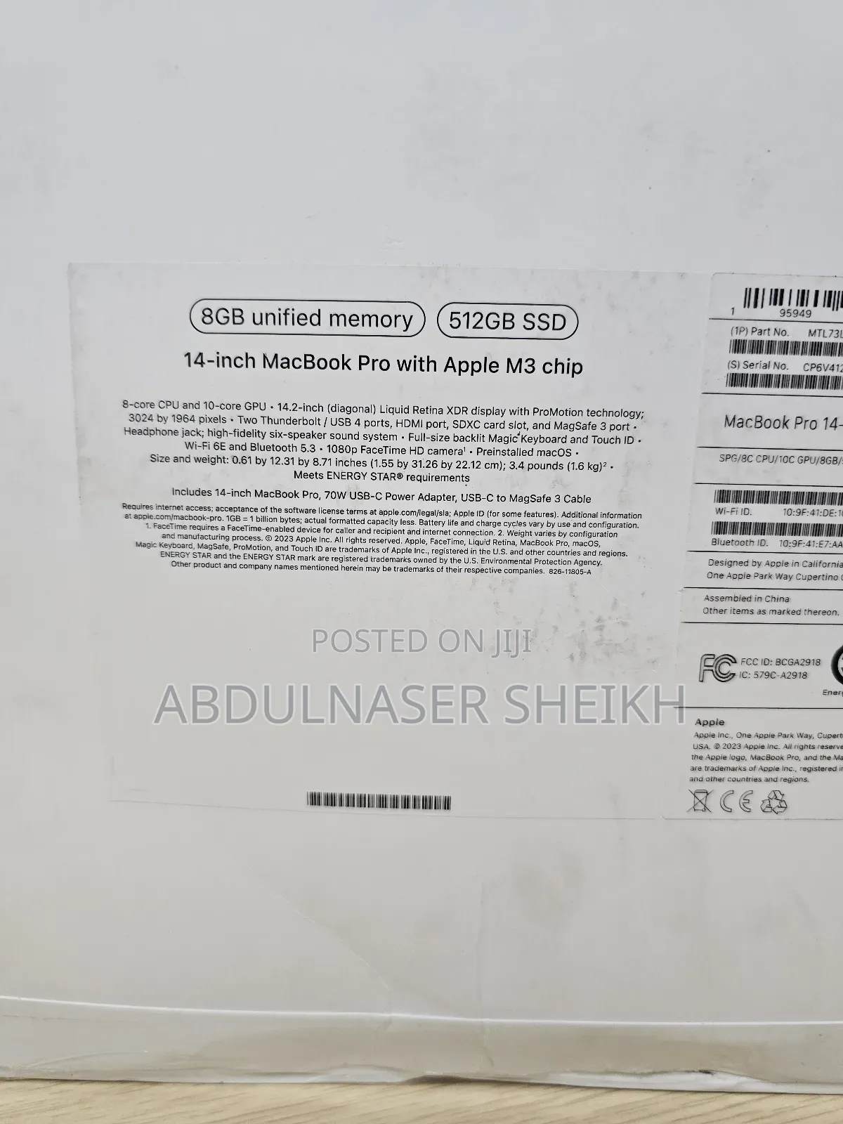 New Laptop Apple MacBook Pro 2023 M3 14-Inch 8GB Apple M3 SSD 512GB